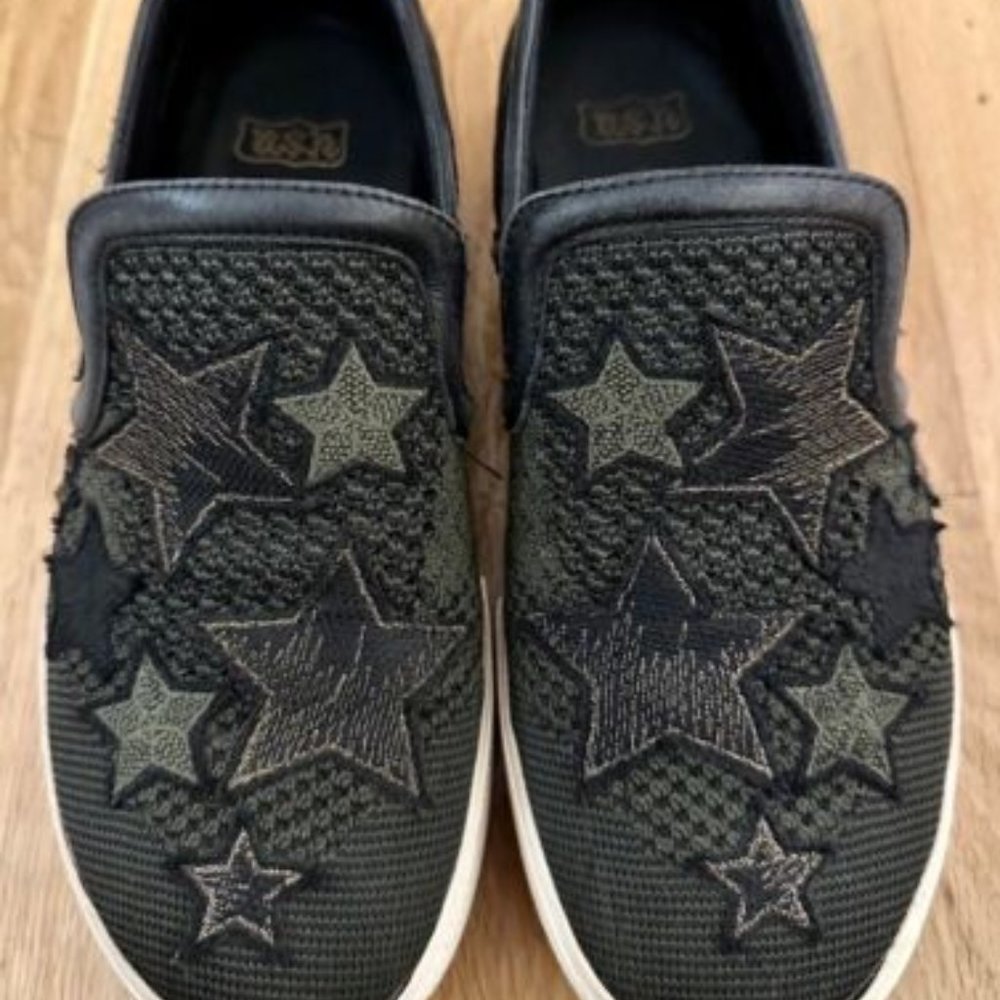 Womens ASH Size 38/8 Slip On Platform Sneaker Green/Black Shimmer Stars Jeday